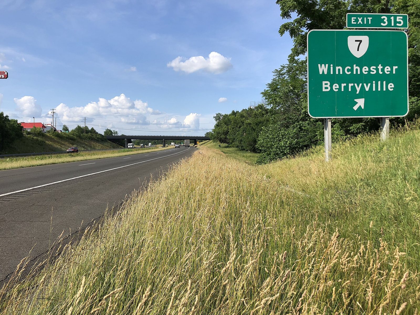 Interstate 81 at Exit 315 in Winchester, Virginia — the Route 7 exit sign for Winchester and Berryville beside the highway