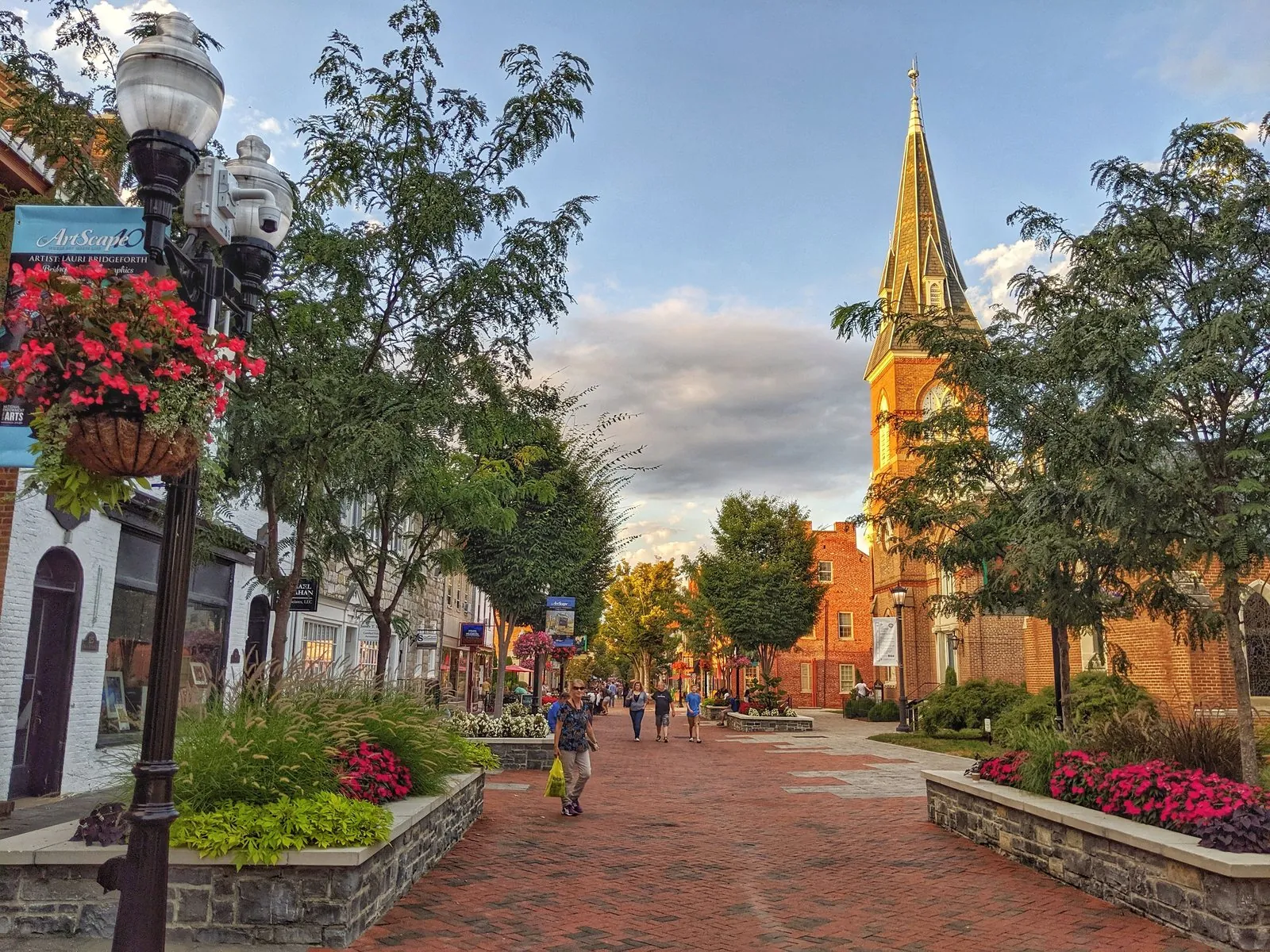 Old Town Winchester, Virginia — the brick Loudoun Street pedestrian mall and the Frederick County courthouse clock tower